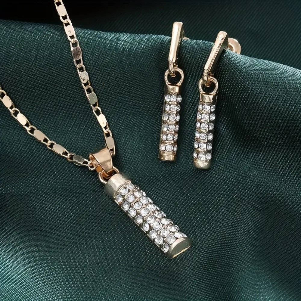 14k plated Sparkling Creative Cylindrical Rod Earrings & Necklace Jewelry Set